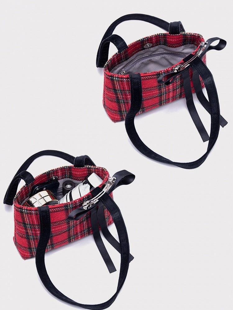 Chic Red Plaid One-Shoulder Mini Tote With Detachable Black Bow
