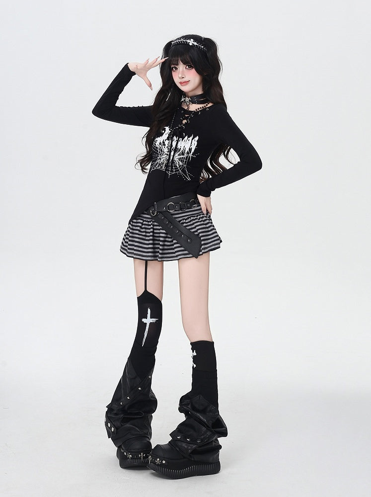 Spider Web Print Lace-up Neckline Asymmetrical Hem Black Top