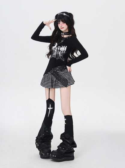 Spider Web Print Lace-up Neckline Asymmetrical Hem Black Top
