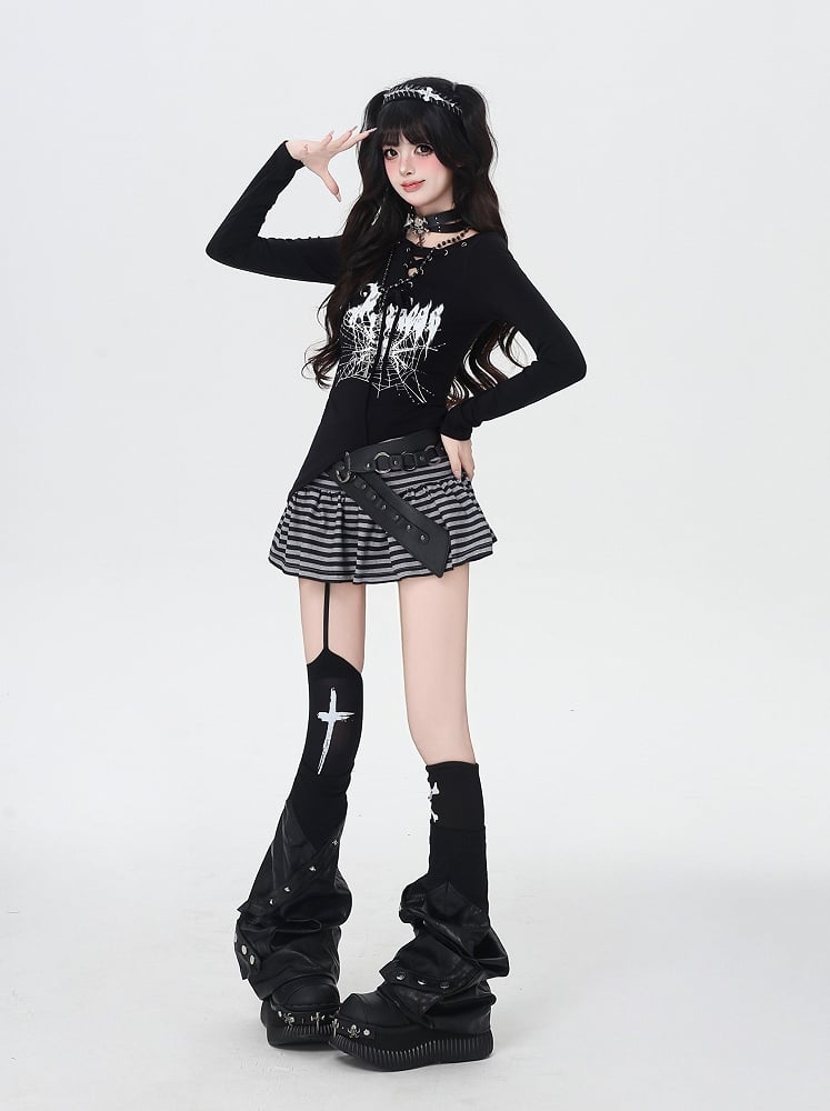 Spider Web Print Lace-up Neckline Asymmetrical Hem Black Top