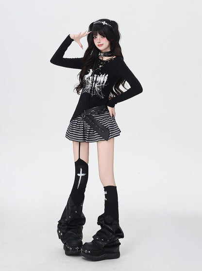 Spider Web Print Lace-up Neckline Asymmetrical Hem Black Top