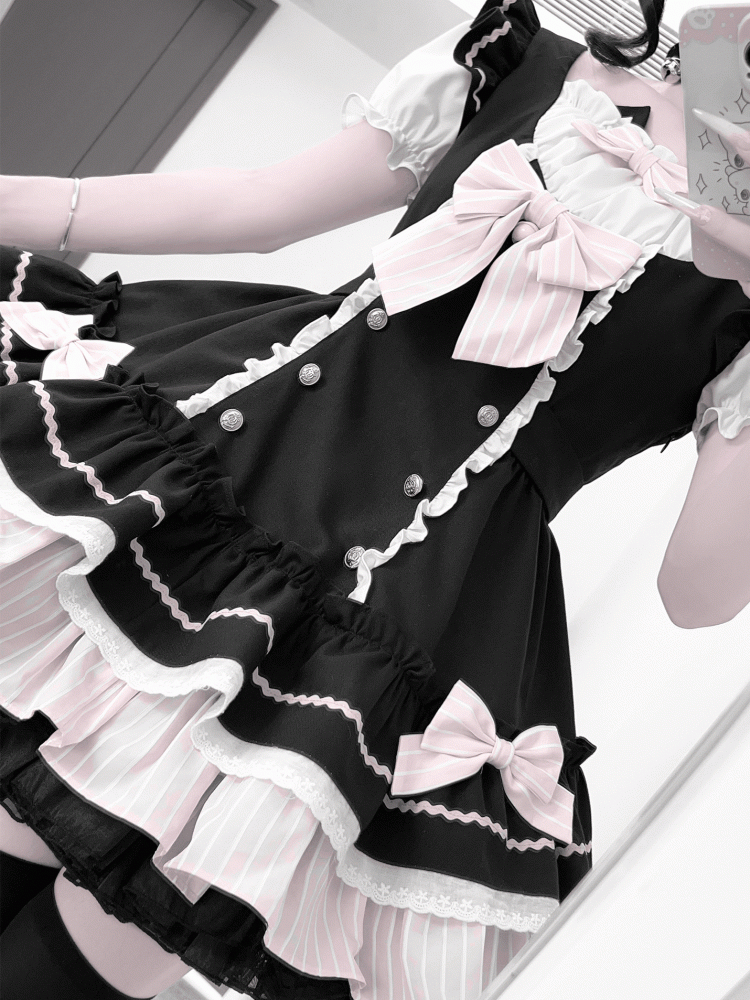 Kitty Ears Design Neckline Black and Pink Sweet Lolita One Piece with Detachable Bowknots