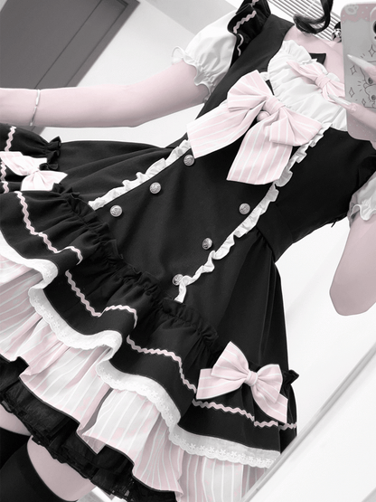 Kitty Ears Design Neckline Black and Pink Sweet Lolita One Piece with Detachable Bowknots