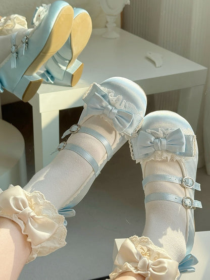 Ruffled Lace, Bow Details & Double Closure Blue Low-heel Mary Janes in Sweet Lolita