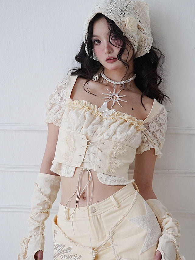 Butterfly Decorated Beige Lace-up Detail Puff Sleeves Top