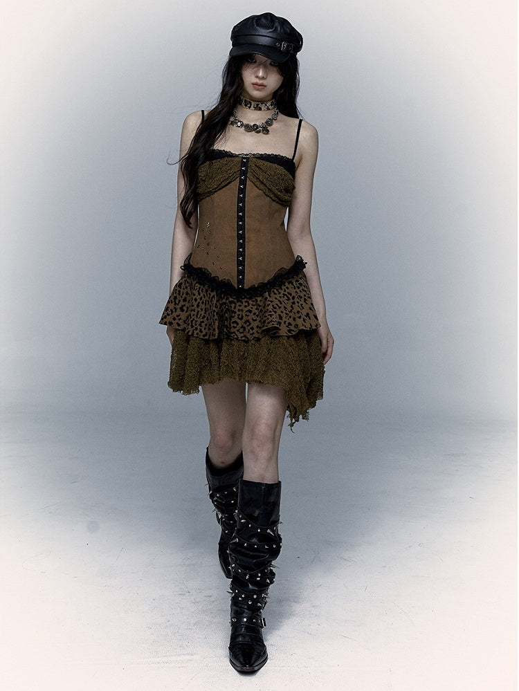 Studs Design Gothic Punk Brown Dropped Waist Asymmetrical Leopard Dress