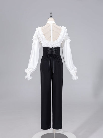 All White Cascading Ruffles V-neck Long Sleeves Backless Shirt with Bead Chains