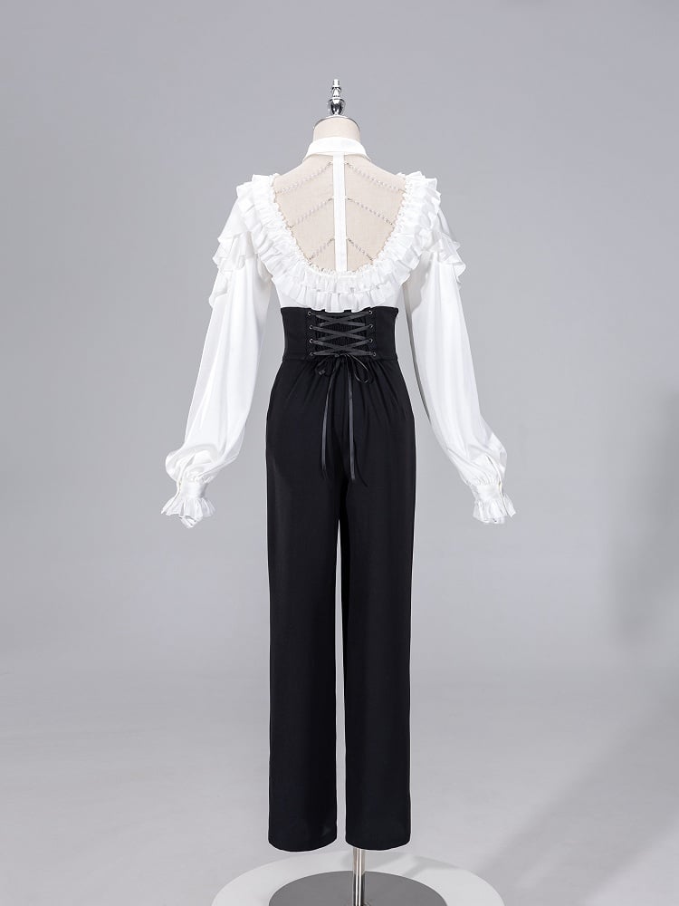 All White Cascading Ruffles V-neck Long Sleeves Backless Shirt with Bead Chains