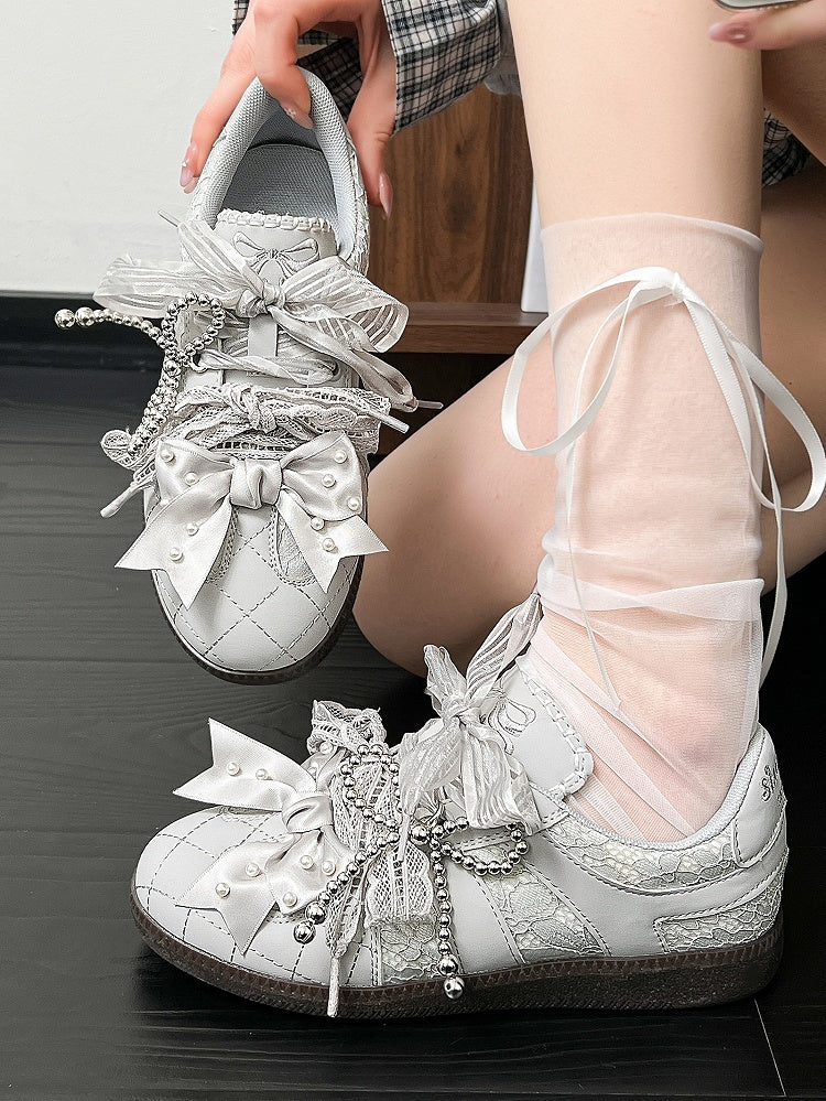 Gray Beaded Decorated Bow at Top Lace Front Lace-up Ties Sneakers