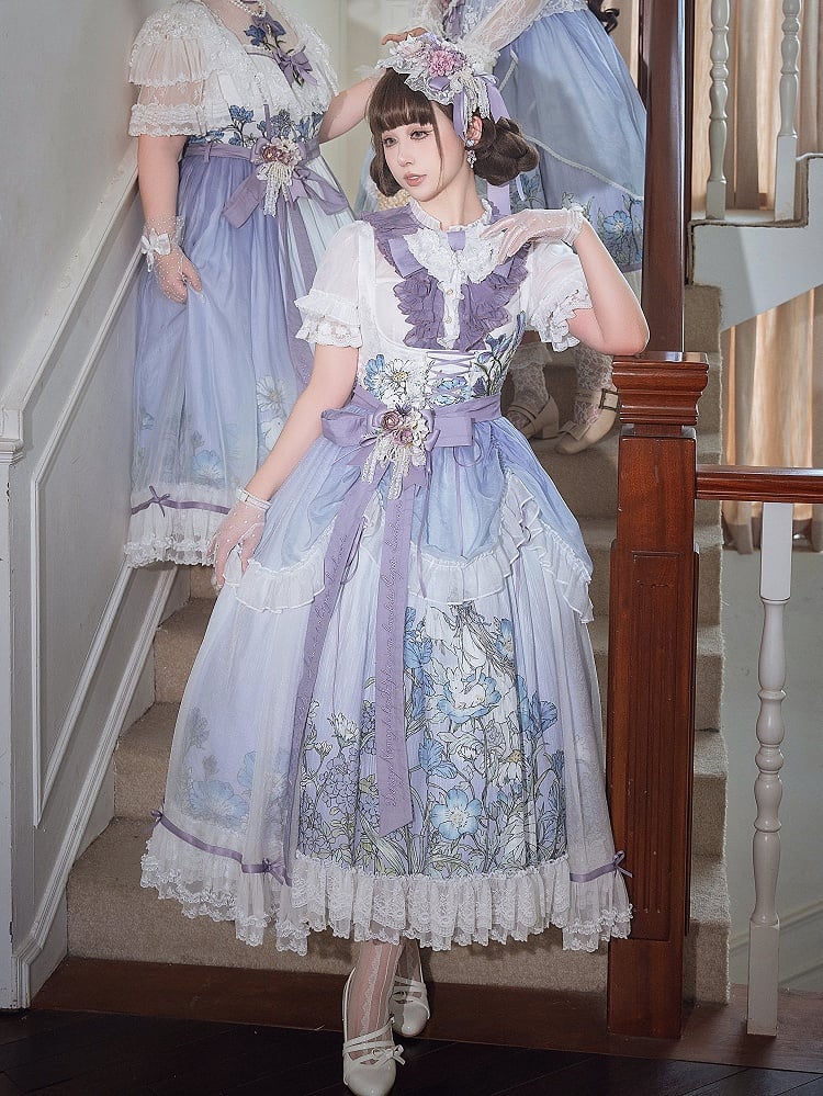 Plus Sizes Available Floral Print Under Bust Elegant Classic Lolita Jumper Skirt