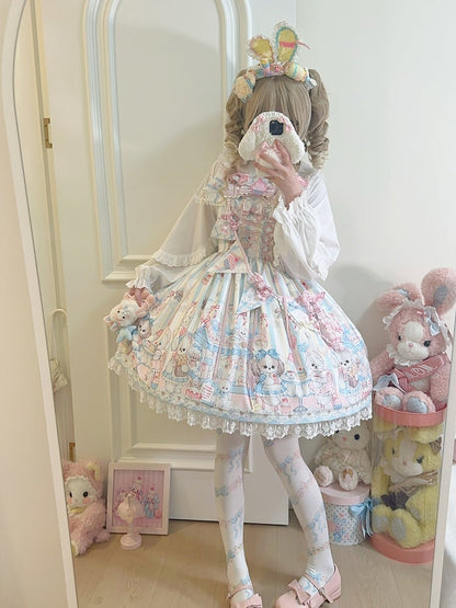 Puppy's Afternoon Tea Print Light Yellow Sweet Lolita Dress with Flags Ribbon