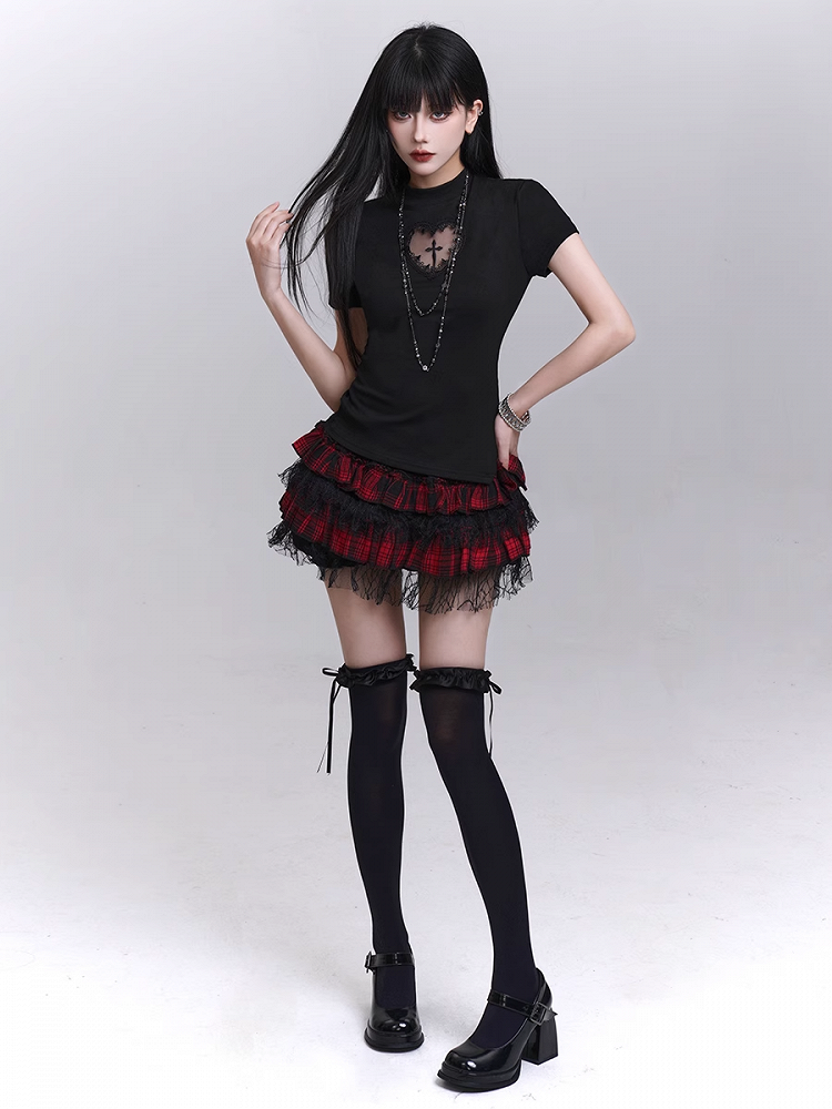 Black Mock Neck Heart-shaped Cutout Cross Print T-shirt