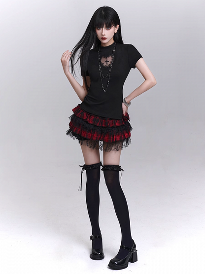 Black Mock Neck Heart-shaped Cutout Cross Print T-shirt