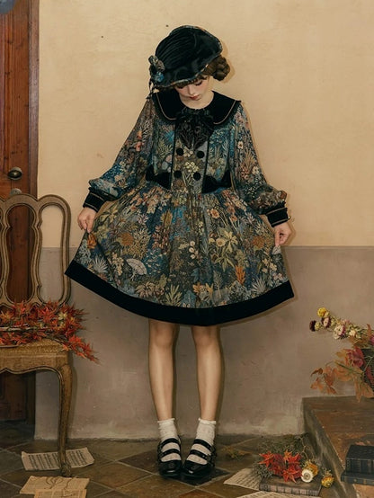 Green & Blue Floral Print Long-Sleeve Elegant Classic Lolita Dress with Black Collar and Cuffs