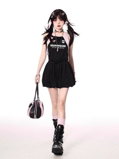Black and Pink Colorblock Design Blokette Core Sleeveless Dress Bubble Skirt