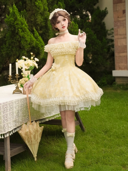 Light Yellow Butterfly and Floral Print Versatile Neckline Dress Lolita JSK Full Set