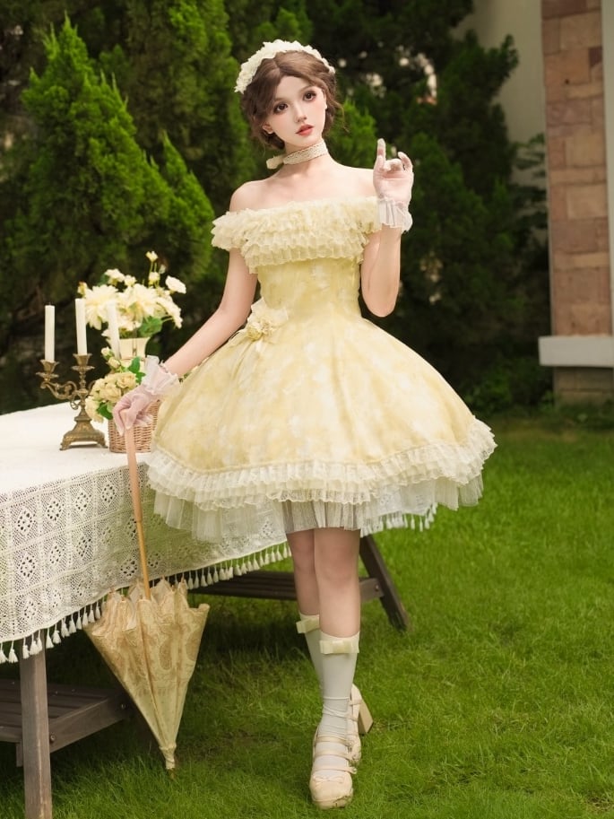 Butterfly and Floral Print Light Yellow Versatile Neckline Lolita Dress