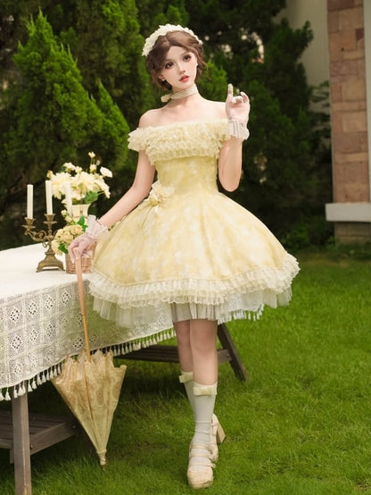 Butterfly and Floral Print Light Yellow Versatile Neckline Lolita Dress