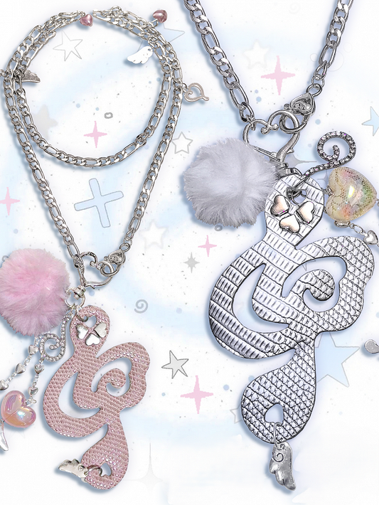 Pink/Silver Y2K Musical Note With Heart Charm Necklace