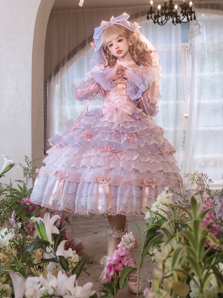Purple and Pink Hime Lolita Bow Accents Tiered Skirt Princess Dress