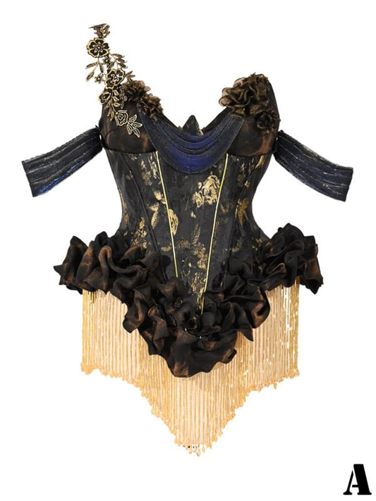 Black and Gold Gorgeous Tassels Boned Corset Top / Corset Top + Gold Chiffon Skirt