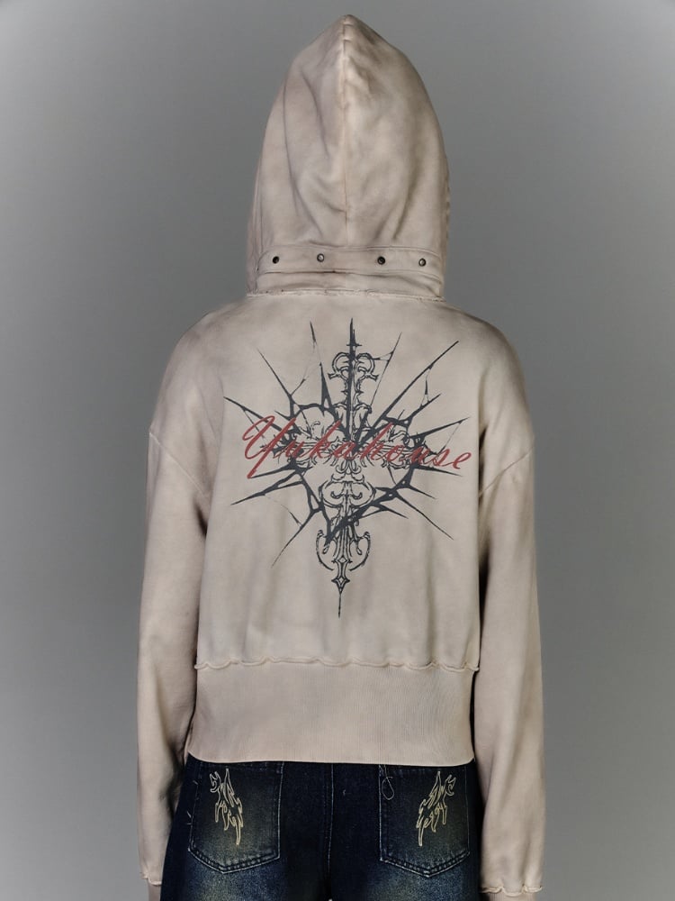 Wasteland Punk Apricot Buckle Strap Distressed Zip Closure Hoodie