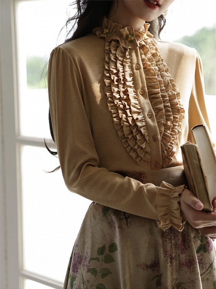 Milk White/Khaki Vintage Floral Ruffled Trim Blouse