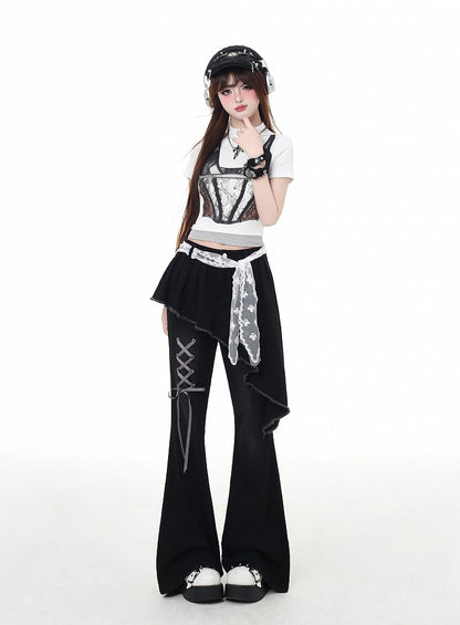 Black Asymmetrical Hem Lace-up Detail Flared Pants Faux Two-Piece with Lace Waist Belt