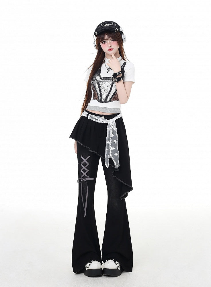 Black Asymmetrical Hem Lace-up Detail Flared Pants Faux Two-Piece with Lace Waist Belt