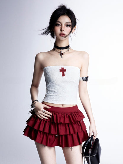Gothic Red Cross Applique White Cropped Strapless Top/Red Cross Charms Tiered Skirt