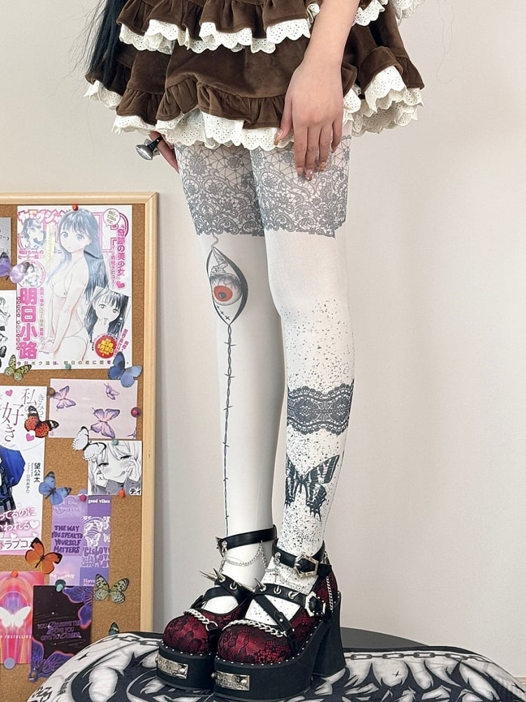 White Guro Kawaii Butterfly Print Tights