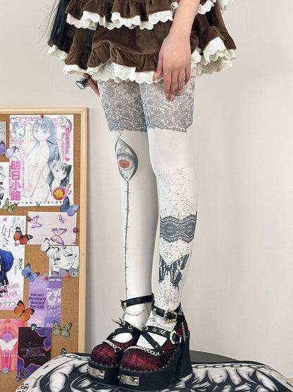 White Guro Kawaii Butterfly Print Tights