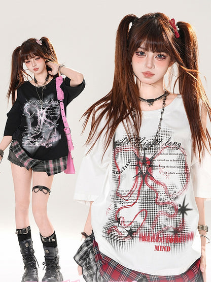 Plaid Hem Cutout Shoulder Black/White Graphic T-shirt