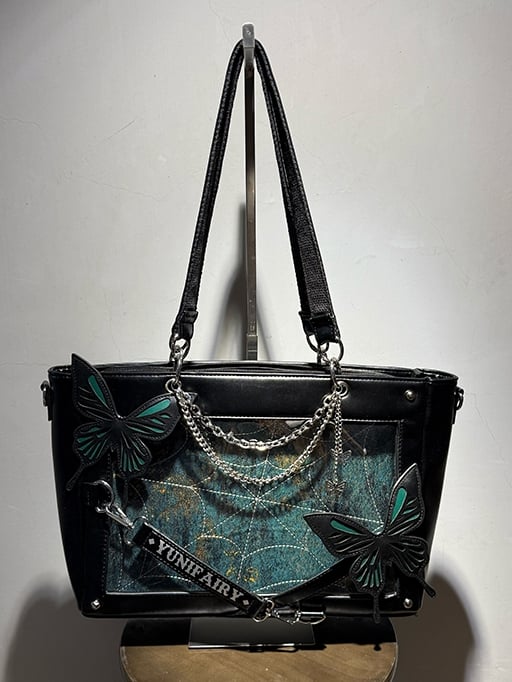 Green Detachable Butterfly Spiderweb Detail Black Ita Shoulder Bag