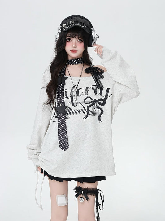 Light Gray Asymmetrical Neckline Letter Print Loose Sweatshirt