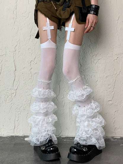 White Y2K Multiple Layers Lace Trim Leg Sleeves