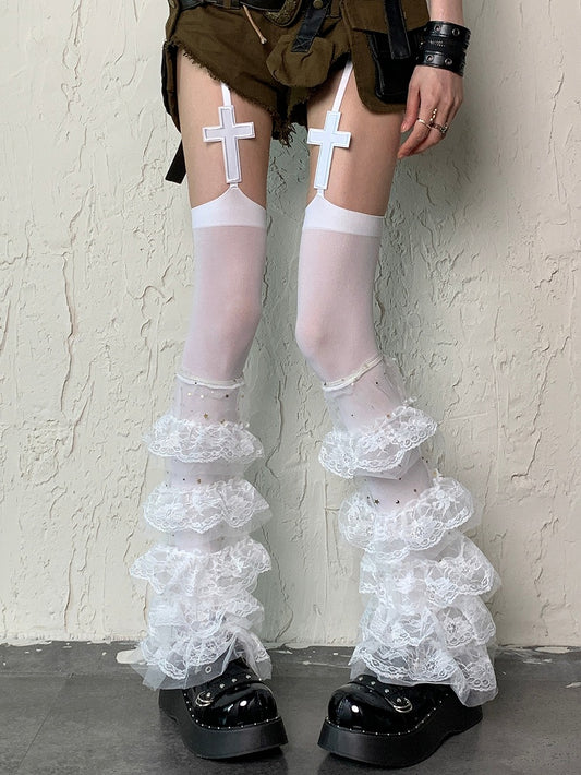 White Y2K Multiple Layers Lace Trim Leg Sleeves
