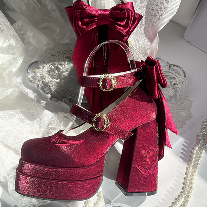 Wine Red Detachable Bowknot Lily of the Valley Embroidery High Block Heel Platform Mary Janes