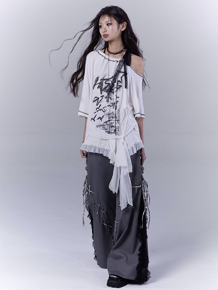 Dark Gray Lace Patches Side Casual Pants with Lace-up Details