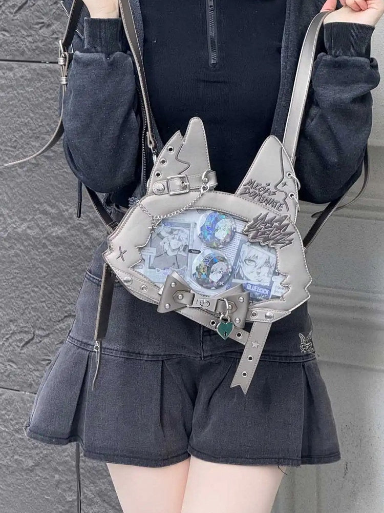 Kitty Ear Design Bowknot Studs Detail Gray PU Tote Bag Ita Bag with Free Card Holder