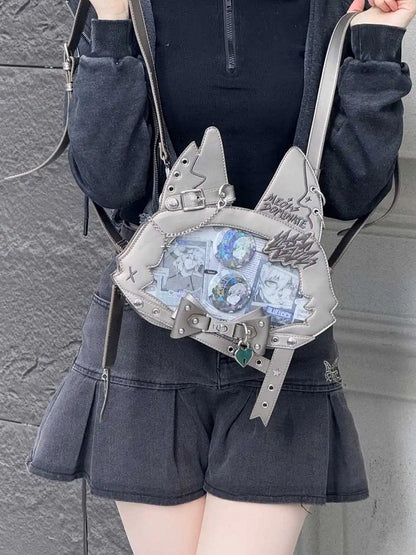 Kitty Ear Design Bowknot Studs Detail Gray PU Tote Bag Ita Bag with Free Card Holder