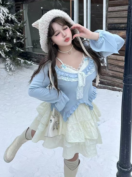 Plus Size Light Blue Fake Two-piece Design Ruffle Trim V-neck Long Sleeves Top