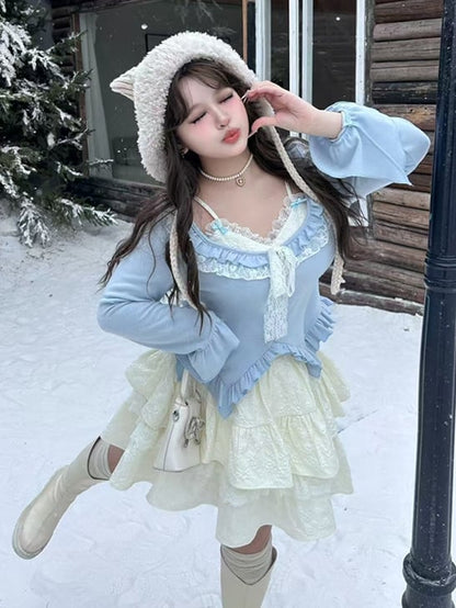 Plus Size Light Blue Fake Two-piece Design Ruffle Trim V-neck Long Sleeves Top