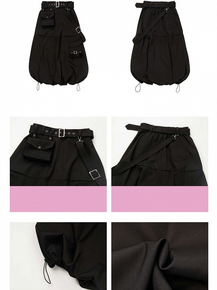 Black Futuristic Techwear Bubble Skirt with Cargo Pockets
