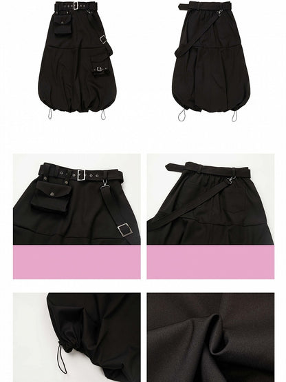 Black Futuristic Techwear Bubble Skirt with Cargo Pockets