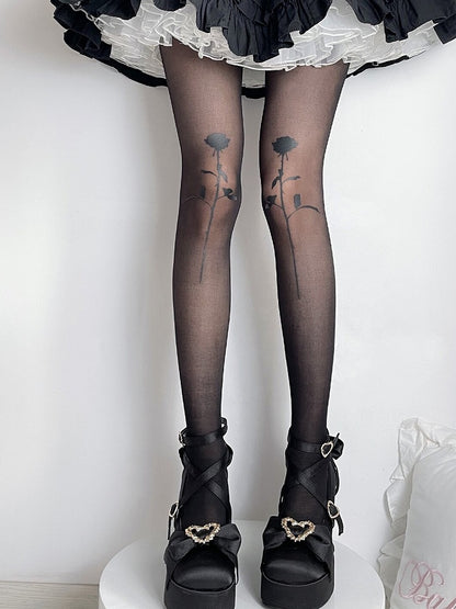 Gothic Lolita Black Semi-sheer Rosette Print Tights