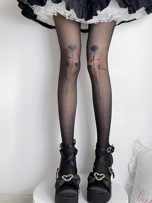 Gothic Lolita Black Semi-sheer Rosette Print Tights