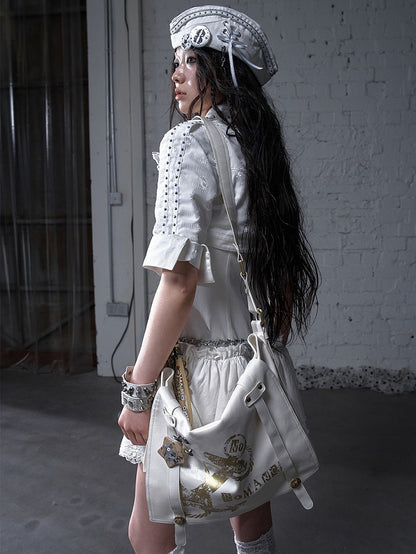 Gold Ship Anchor Print Punk Distressed Design Black/White PVC Crossbody Bag