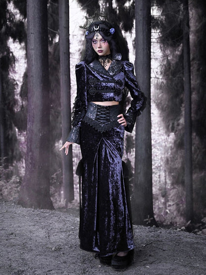Gothic Purple Velvet Lace-up High Waist Maxi Fishtail Skirt