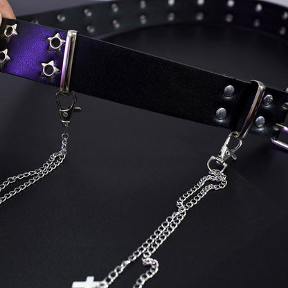 Silver Cross And Skeleton Charm Waist Chain + Black Star Details Waist Belt